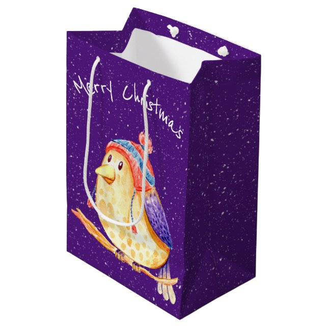 Sac Cadeau Moyen Oiseau de Noël en flocons de neige violet (Devant Angle)
