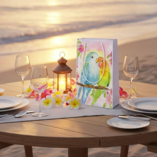 Sac Cadeau Moyen Oiseaux d'amour à l'aquarelle avec fleurs roses