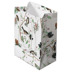 Sac Cadeau Moyen Oiseaux de poulet Baies et Pinecones Aquarelle