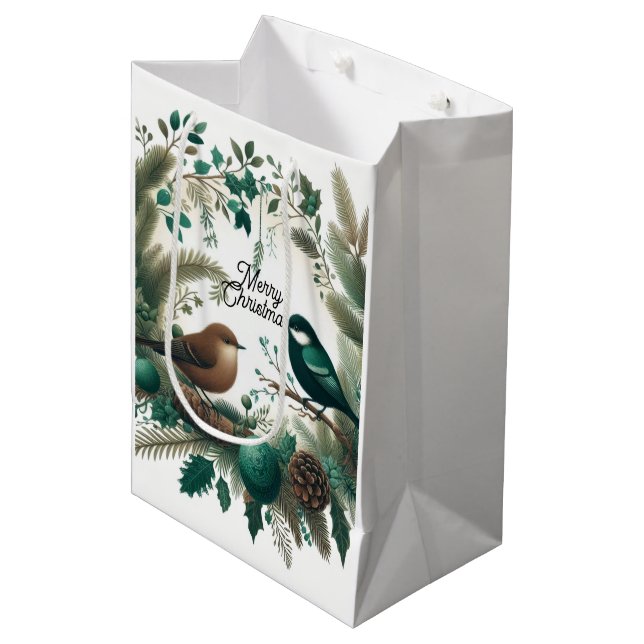 Sac Cadeau Moyen Oiseaux des Bois et Branches de Noël  (Devant Angle)