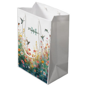 Sac Cadeau Moyen Oiseaux floraux de monogramme de fleur sauvage aqu