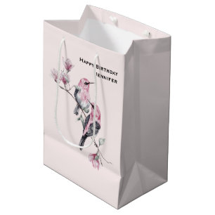Sac Cadeau Moyen Oiseaux roses et noirs sur une branche d'arbre Ann