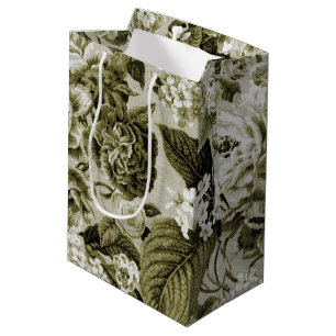 Sac Cadeau Moyen Olive Green Vintage Floral Toile No.1