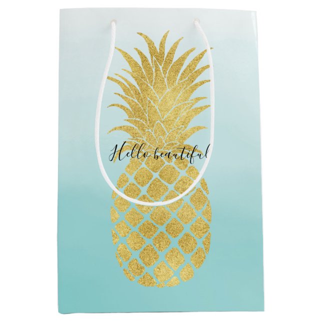 Sac Cadeau Moyen Ombre d'aquarelle de Glam Gold Pineappa Aqua (Devant)