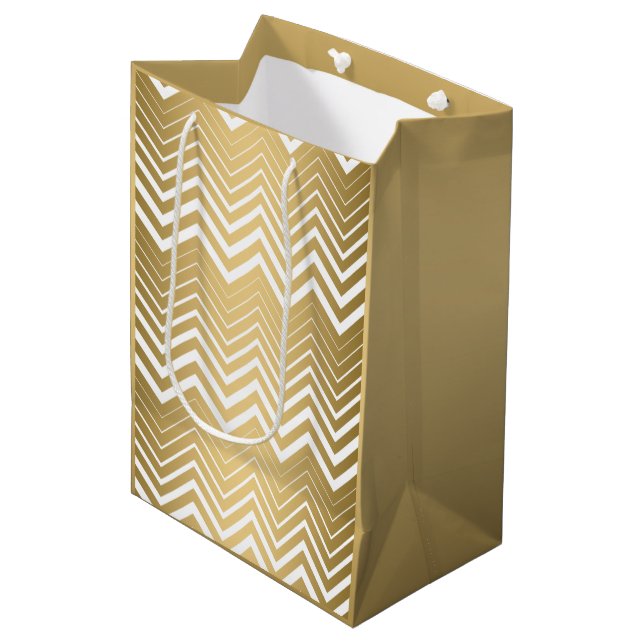 Sac Cadeau Moyen Or Et Blanc Zigzag Chevron (Devant Angle)