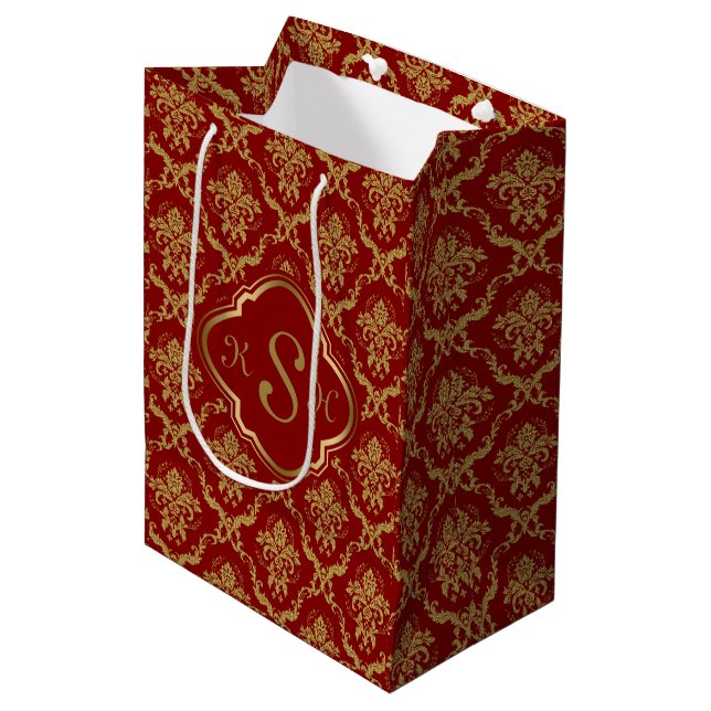 Sac Cadeau Moyen Or monogramme et Damas floraux rouges bordeaux (Devant Angle)