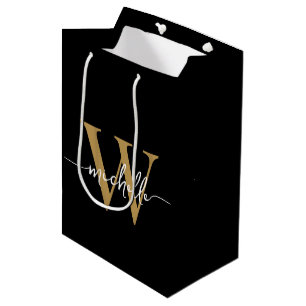 Sac Cadeau Moyen Or Noir Moderne Monogramme Initial Script Élégant