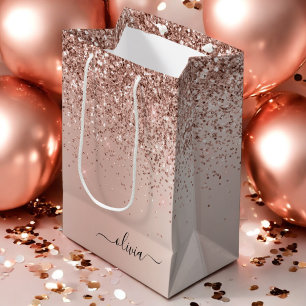 Sac Cadeau Moyen Or rose - rose poudré paillettes métal monogramme
