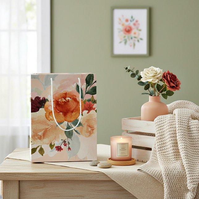 Sac Cadeau Moyen Orange automne aquarelle florale (Créateur téléchargé)