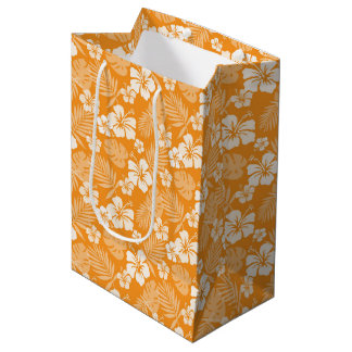 SAC CADEAU MOYEN ORANGE AVEC FLEURS HIBISQUES BLANCHES TROPICALES