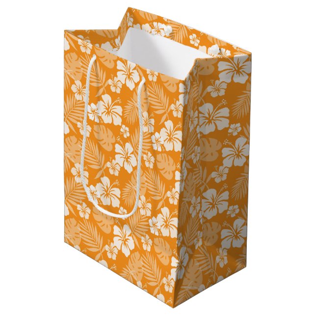 SAC CADEAU MOYEN ORANGE AVEC FLEURS HIBISQUES BLANCHES TROPICALES (Devant Angle)