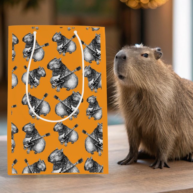 Sac Cadeau Moyen Orange Capybara Rockstar (Capybara Gift Bag)