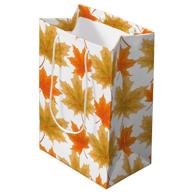 SAC CADEAU MOYEN ORANGE & GOLD AUTOMNE LEAVES (Devant Angle)