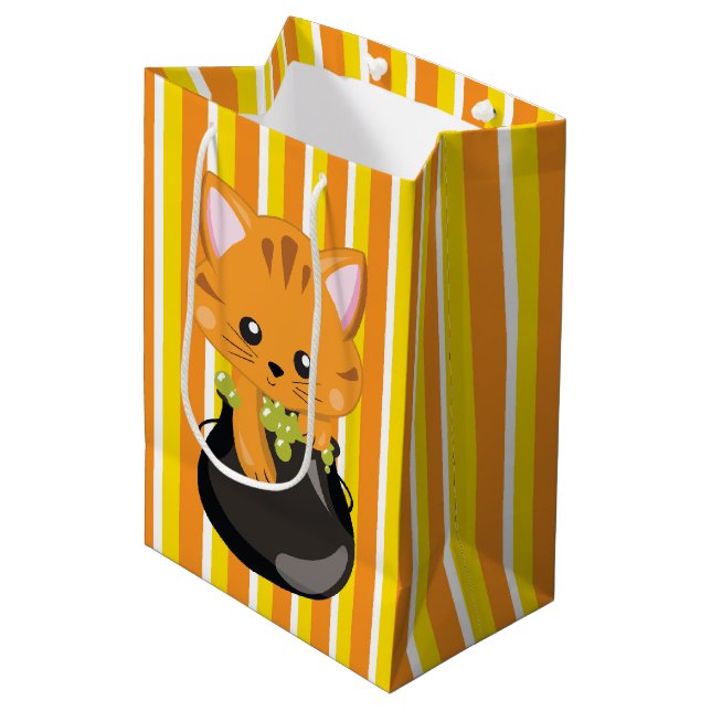 SAC CADEAU MOYEN ORANGE JAUNE STRIPES BLANCHES ET CHAT ORANGE CUTE (Devant Angle)