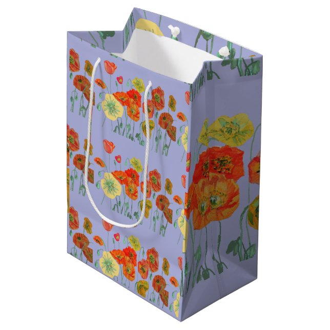 Sac Cadeau Moyen Orange Rouge Poppies Mauve Purple Aquarelle (Devant Angle)