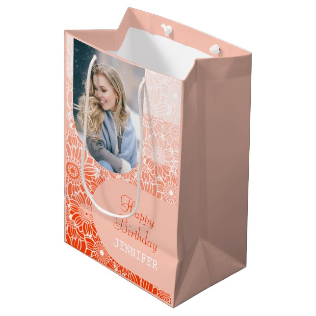 Sac Cadeau Moyen Orange Stripes Arch Photo Floral Anniversaire (Devant Angle)