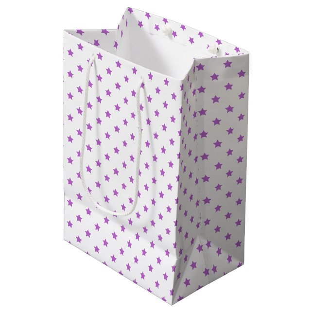 Sac Cadeau Moyen Orchidée Étoiles Classiques Violet - Blanc (Devant Angle)