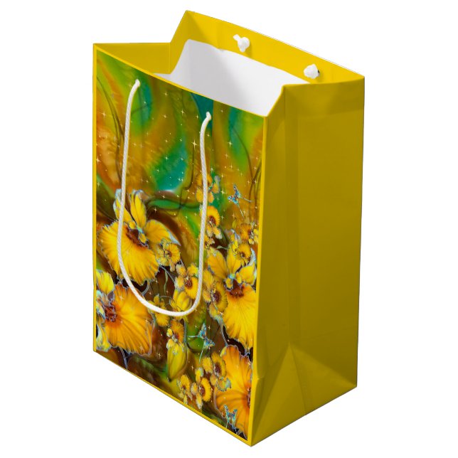 Sac Cadeau Moyen Orchidées Jaunes Magique Or Étoiles Vert (Devant Angle)