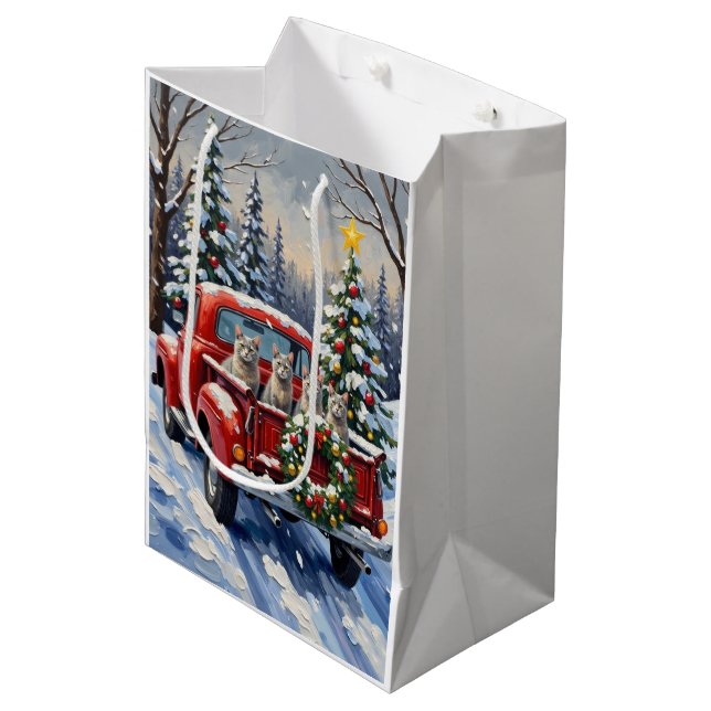 Sac Cadeau Moyen Oriental Blue Cat Christmas Red Truck Holiday (Devant Angle)