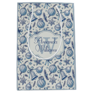 Sac Cadeau Moyen Ornements de Noël en toile bleue avec monogramme p
