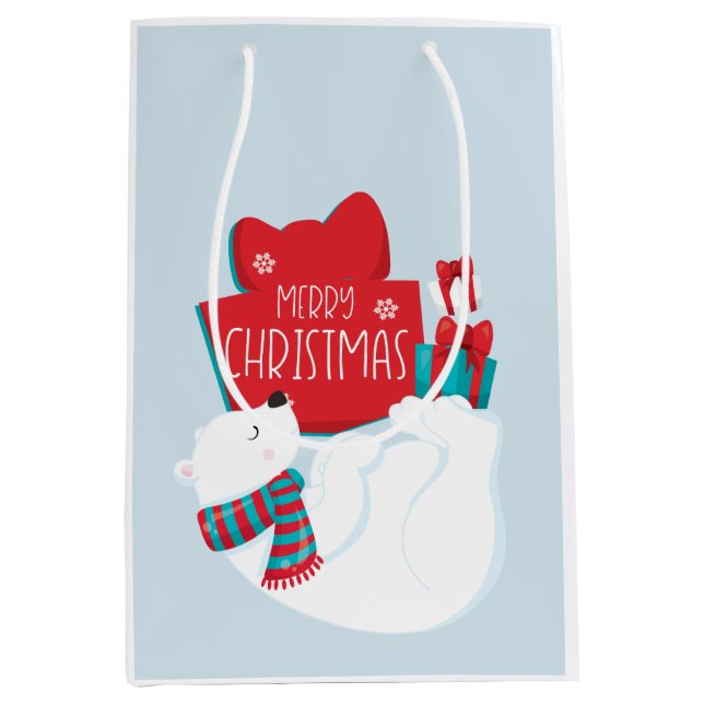 Sac Cadeau Moyen Ours blanc et présente Noël (Devant)