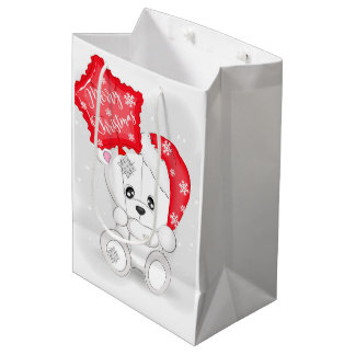 Sac Cadeau Moyen Ours blanc mignon avec ballon de Noël rouge