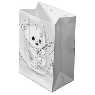 Sac Cadeau Moyen Ours Blanc Mignon Étoile Pêche sur Croissant de Lu