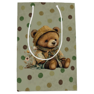 Sac Cadeau Moyen Ours Brown vintage En Teddy Et À petits pois