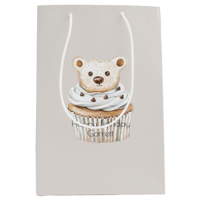 Sac Cadeau Moyen Ours Cupcake Crème Anniversaire (Devant)