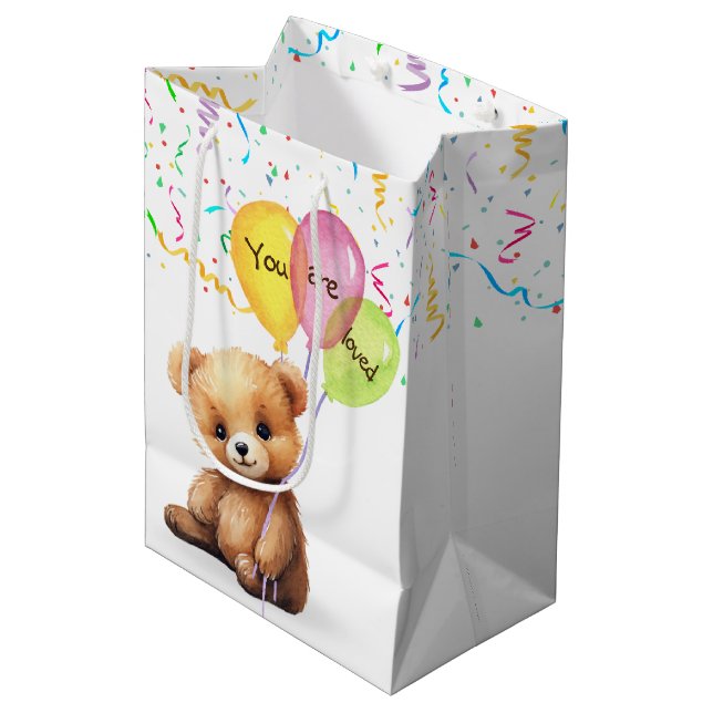 Sac Cadeau Moyen Ours d'anniversaire avec ballons et confetti (Devant Angle)