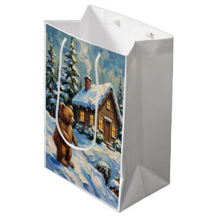 Sac Cadeau Moyen Ours en peluche vintage à la cabane de pin de Noël