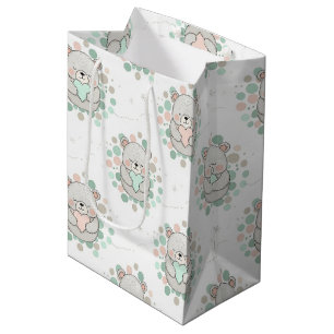 Sac Cadeau Moyen Ours mignon et cœurs -- Nurserie pastel (6)