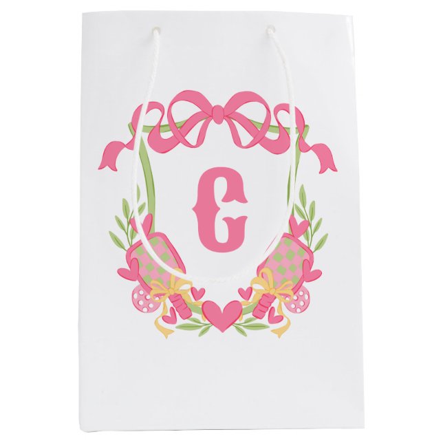 Sac Cadeau Moyen Pagaie rose et vert Pickleball Monogram Crest (Devant)