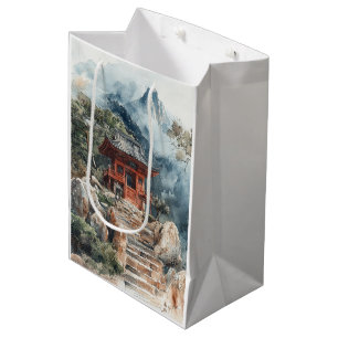 Sac Cadeau Moyen Pagode de la Montagne Cramoisie Lavis d'Encre (2)