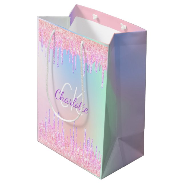 Sac Cadeau Moyen Paillettes de arc-en-ciel gouttes monogramme luxe  (Dos Angle)
