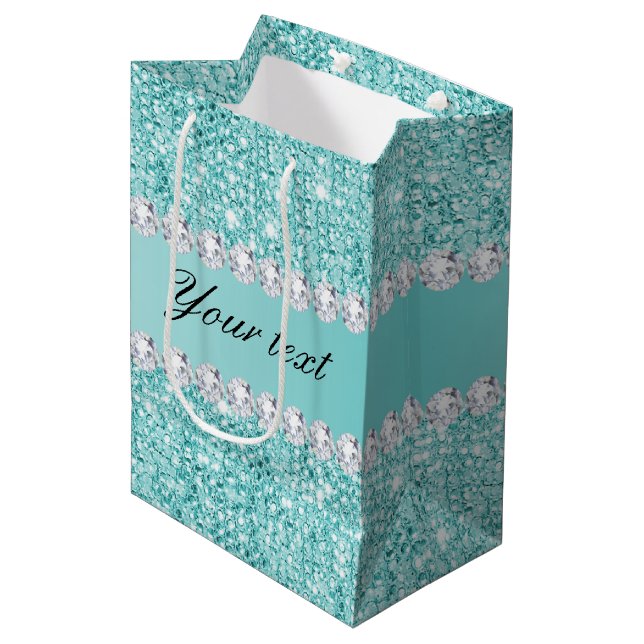 Sac Cadeau Moyen Paillettes turquoises et diamants de Faux (Devant Angle)