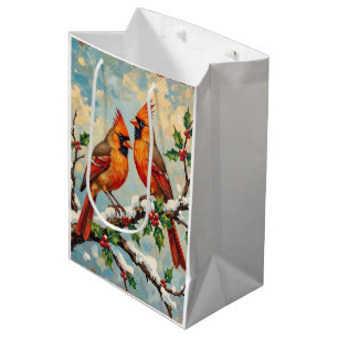Sac Cadeau Moyen Paire de cardinaux vintage sur branche de houx enn