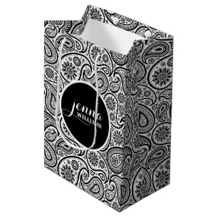 Sac Cadeau Moyen Paisley Vintage noir et blanc Damas