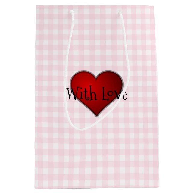 Sac Cadeau Moyen Pale Rose En vichy Coeur rouge Avec Amour (Devant)