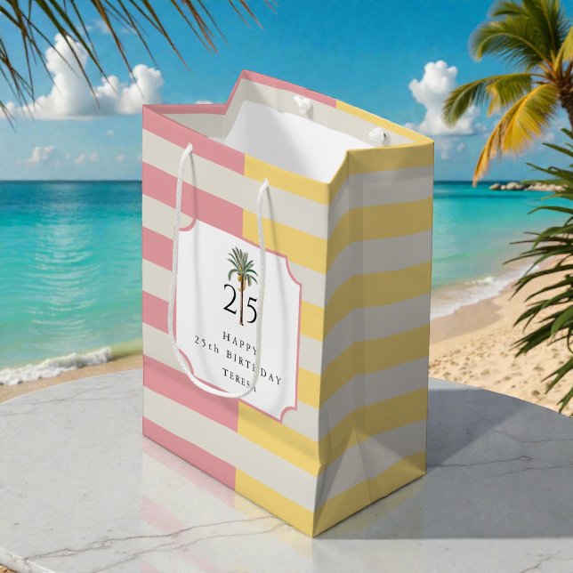 Sac Cadeau Moyen Palm Beach Pastel Stripe Tropical Birthday (Créateur téléchargé)