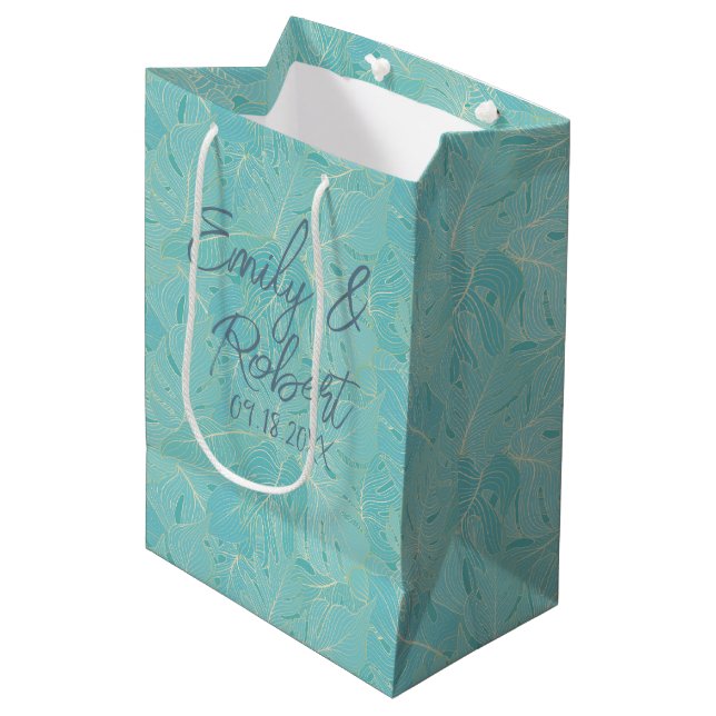 Sac Cadeau Moyen Palme tropicale bleu clair motif feuille (Devant Angle)