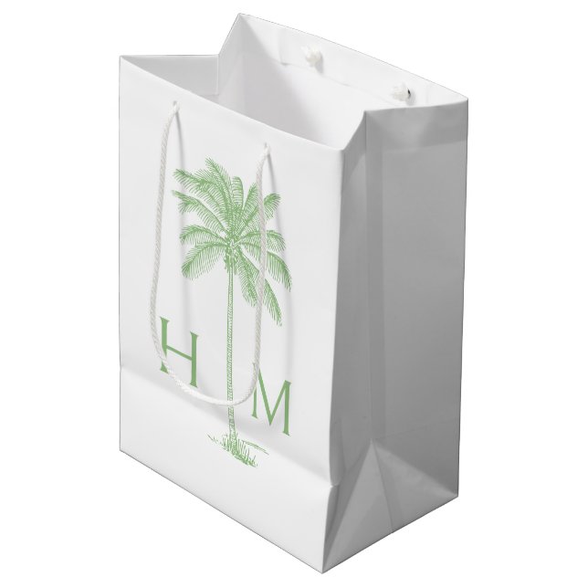 Sac Cadeau Moyen Palmetto Palm Monogramme Côtière Verte (Devant Angle)