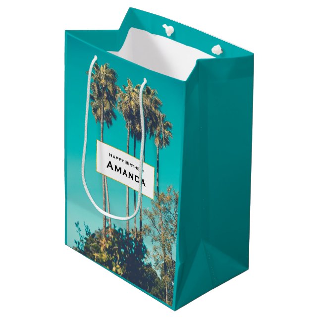 Sac Cadeau Moyen Palmiers tropicaux Californie Anniversaire rétro (Devant Angle)