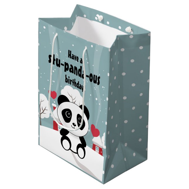 Sac Cadeau Moyen Panda Bébé Cute En Hiver Gris Neige (Devant Angle)