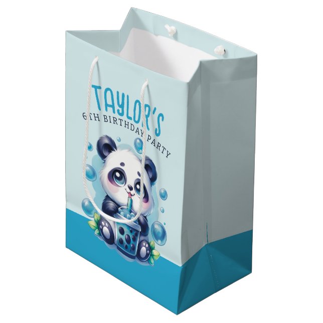 Sac Cadeau Moyen Panda Boire Bleu Boba Bubble Thé fête d'anniversai (Devant Angle)