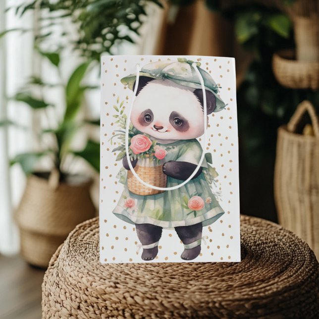Sac Cadeau Moyen Panda floral vert tissu Burp bébé (Green Floral Panda Gift Bag)
