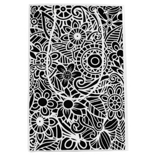 Sac Cadeau Moyen Papier cadeau blanc noir floral moderne