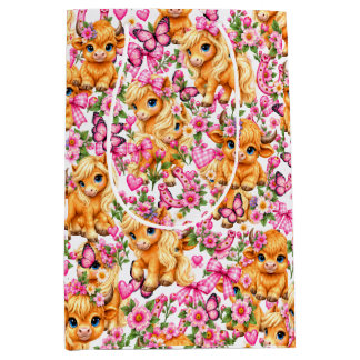 Sac Cadeau Moyen Papier cadeau rose vache et poney Western Highland