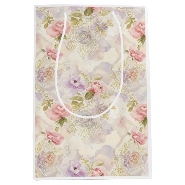 Sac Cadeau Moyen Papier d'emballage floral aquarelle romantique - É (Devant)