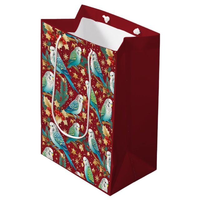 Sac Cadeau Moyen Papier d'enveloppement de Noël Rouge et Or Budgie  (Devant Angle)